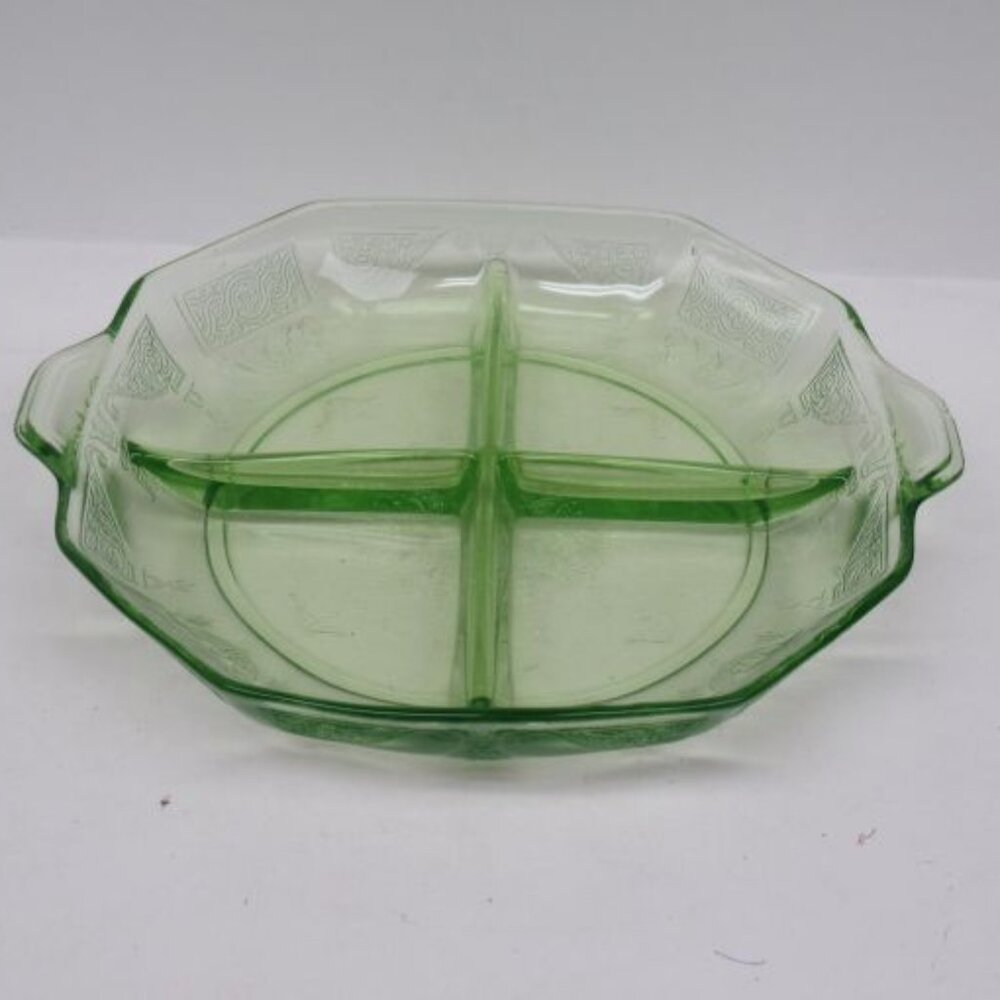 Hocking Depression Glass Green PRINCESS 4-Part Divided Relish Dish